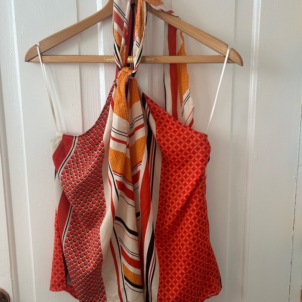 Banana Republic Red and Cream Patterned Halter Camisole with Scarf Tie